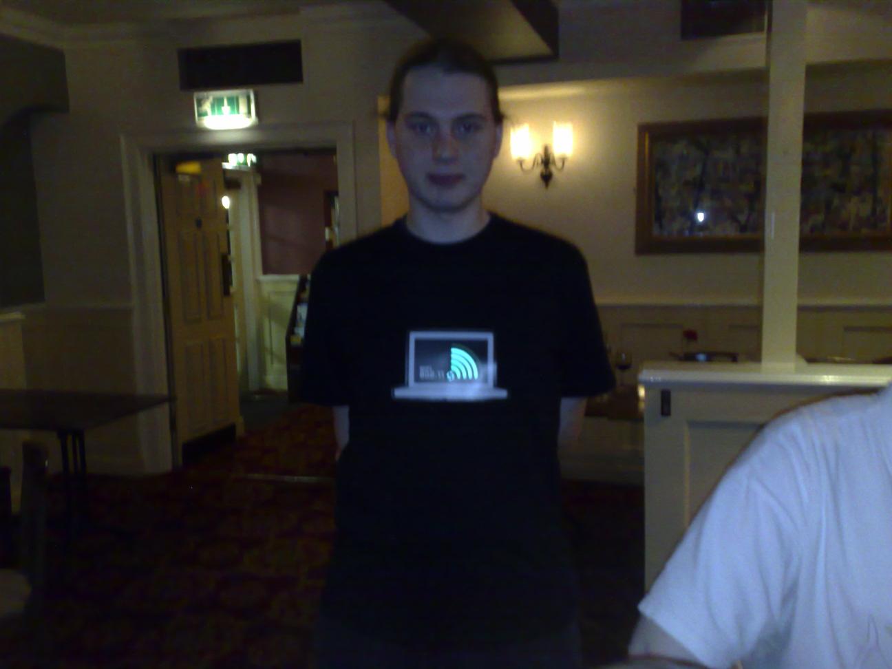 A dim Andrew Morgan with his wi-fi detecting T-shirt. A dim Andrew Morgan with his wi-fi detecting T-shirt.